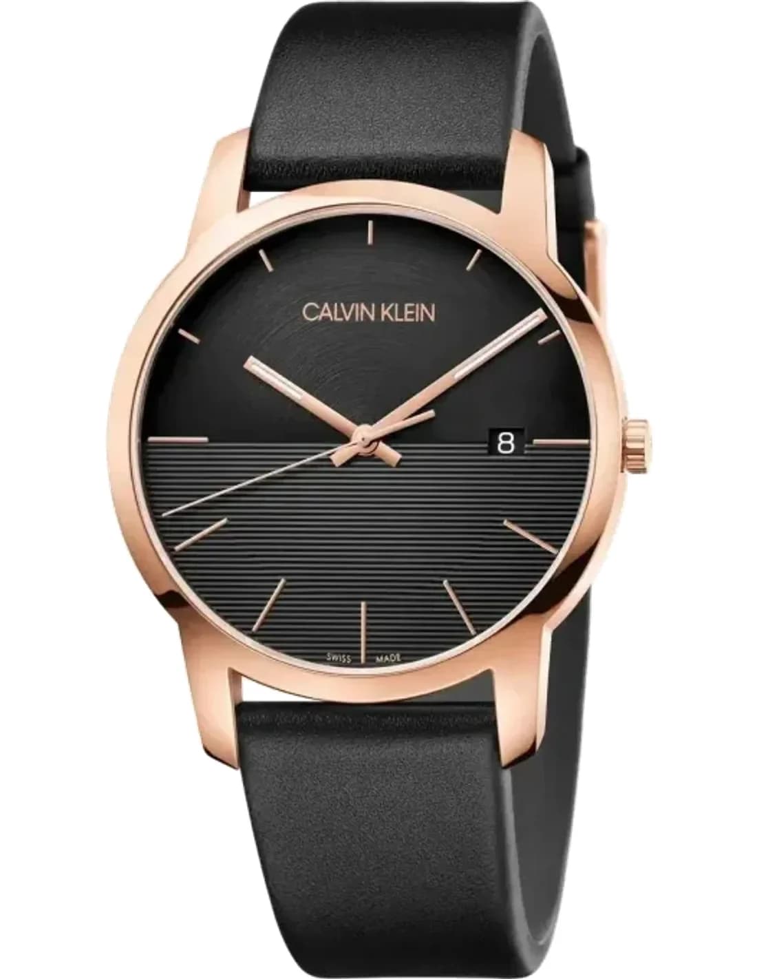 Montre Homme Calvin Klein City K2G2G6CZ - Cadran Noir, Boîtier Or Rose, Bracelet Cuir