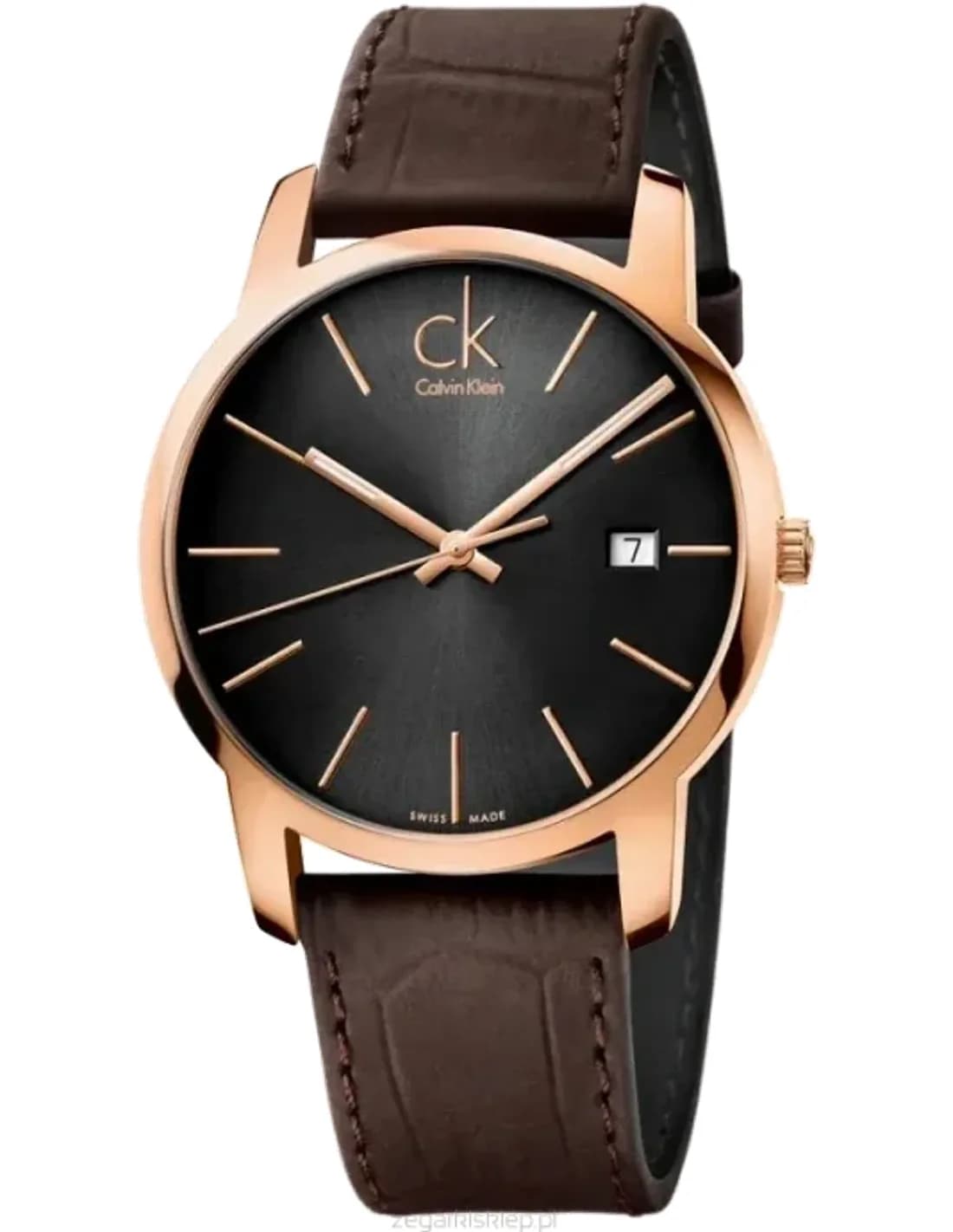 Montre Homme Calvin Klein City K2G2G6G3 - Cadran Noir, Boîtier Or Rose, Bracelet Cuir Marron