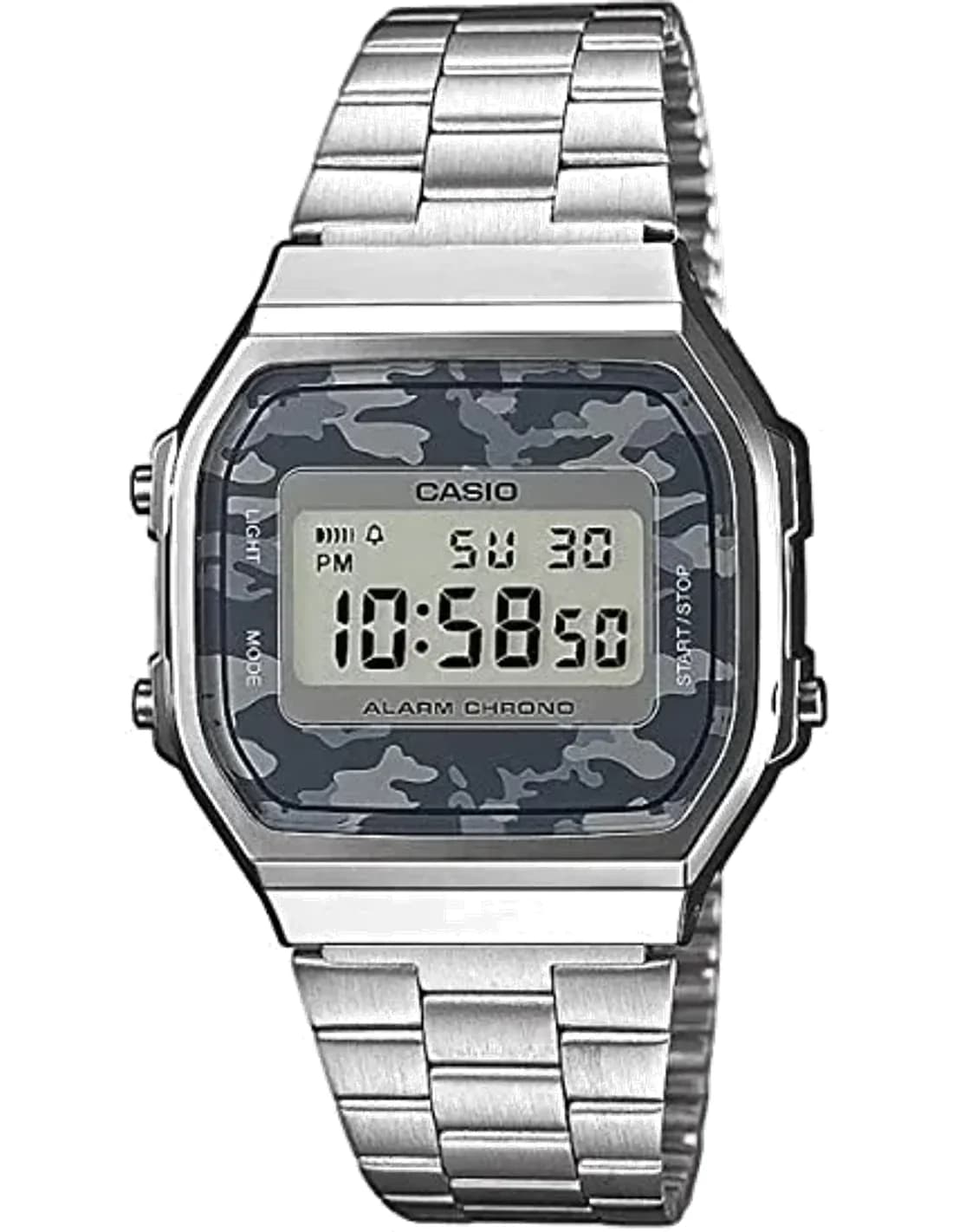 Montre Casio Vintage A168WEC-1EF Cadran Digital Camouflage Gris, Bracelet Acier Unisexe
