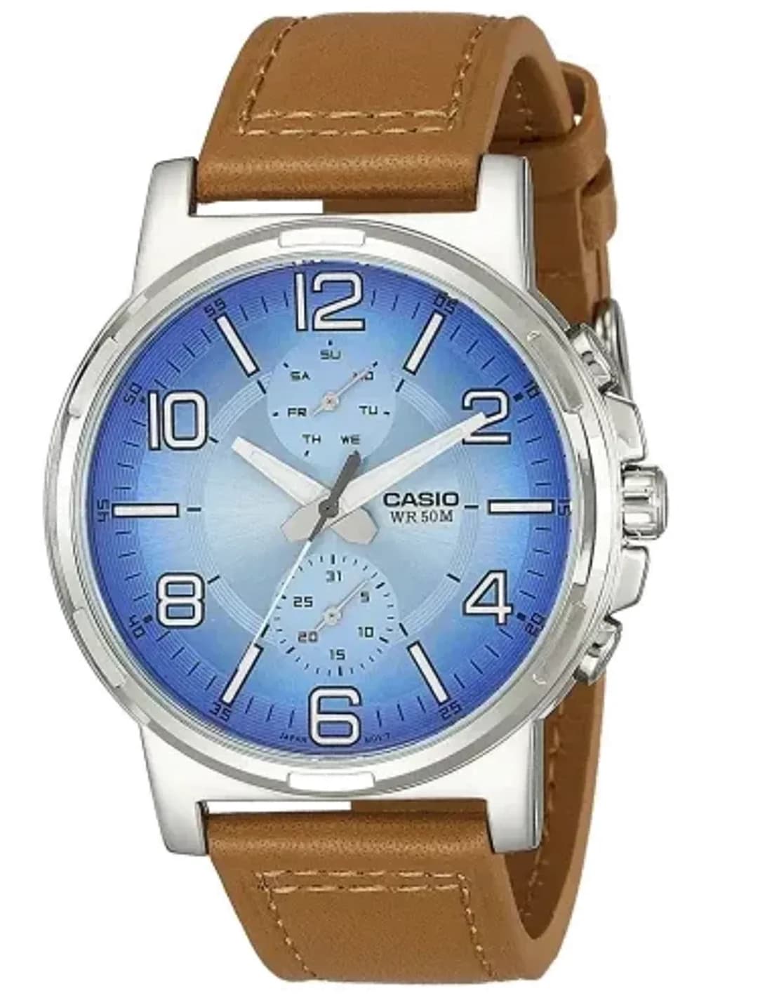 Montre Homme Casio MTP-E313L-2B2V - Cadran Bleu, Boîtier Acier et Bracelet Cuir Brun