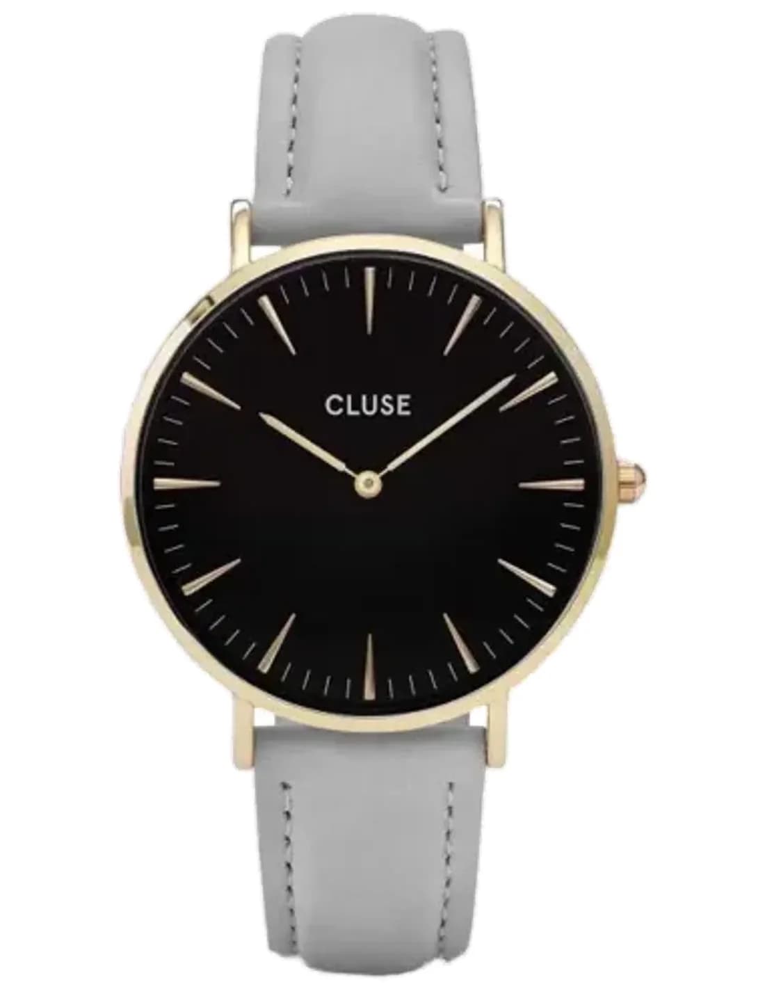 Montre Femme Cluse La Bohème CL18411 - Boîtier or, cadran noir, bracelet cuir gris