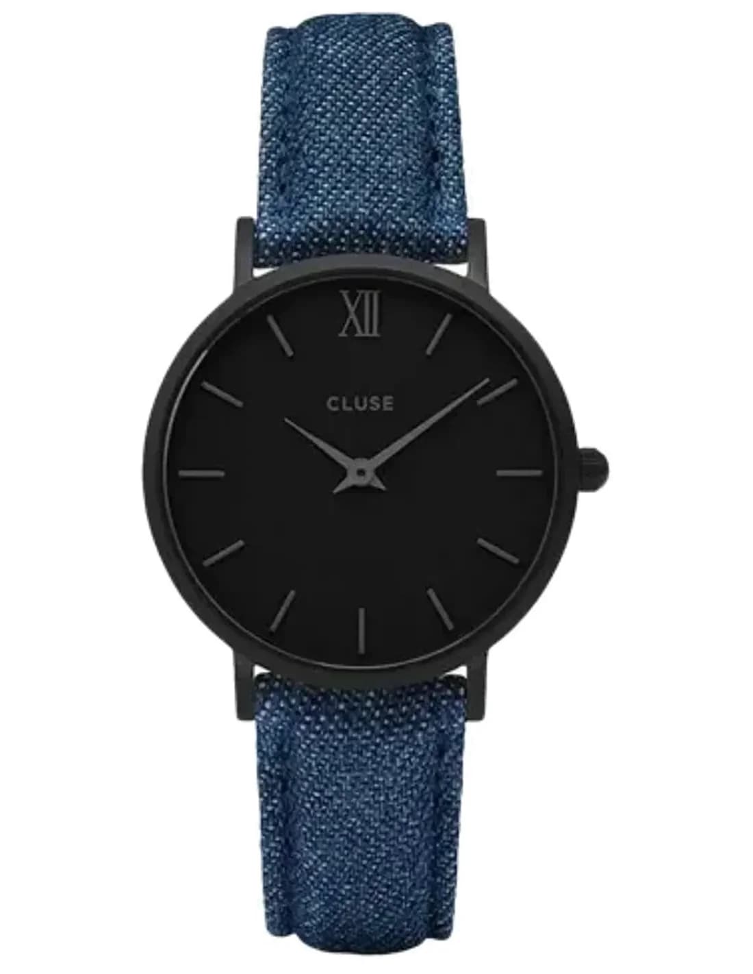Montre Femme Cluse Minuit CL30031 - Cadran Noir, Bracelet Denim Bleu