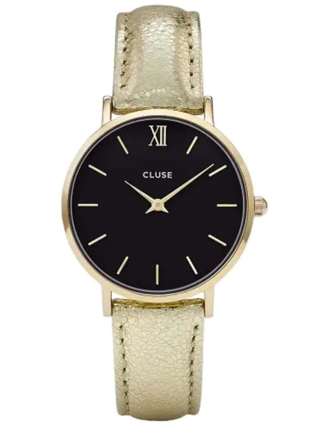 Montre Femme Cluse Minuit CL30037, boîtier et bracelet cuir doré, cadran noir