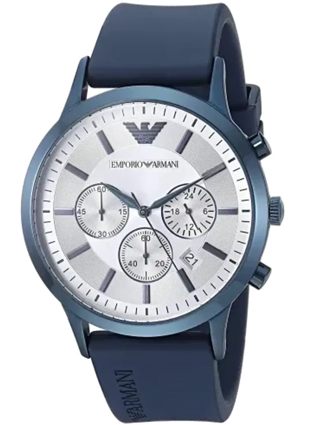 Montre Homme Emporio Armani AR11026 - Cadran argent, boîtier et bracelet silicone bleu