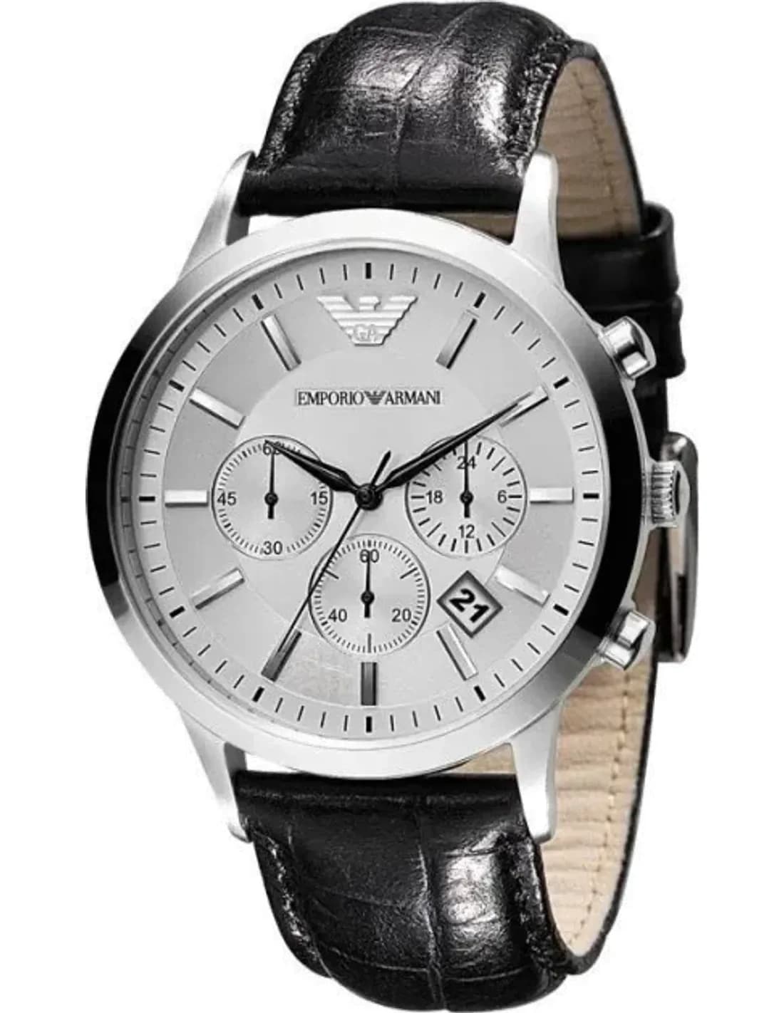 Montre Homme Emporio Armani AR2432 Chronographe Cadran Argent Bracelet Cuir Noir
