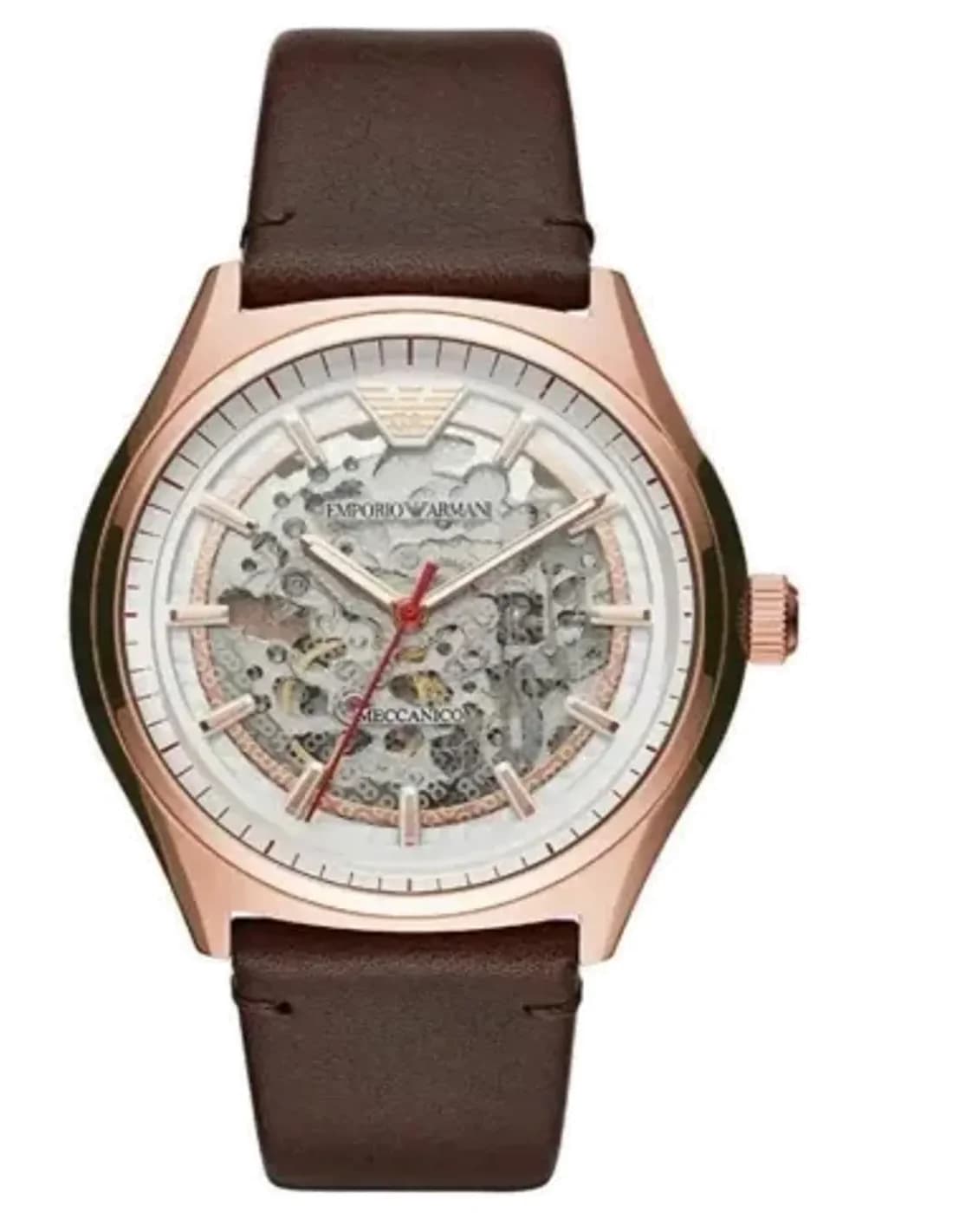 Montre Homme Emporio Armani Zeta AR60005 Automatique Squelette - Cadran Argent, Boîtier Or Rose, Bracelet Cuir Marron