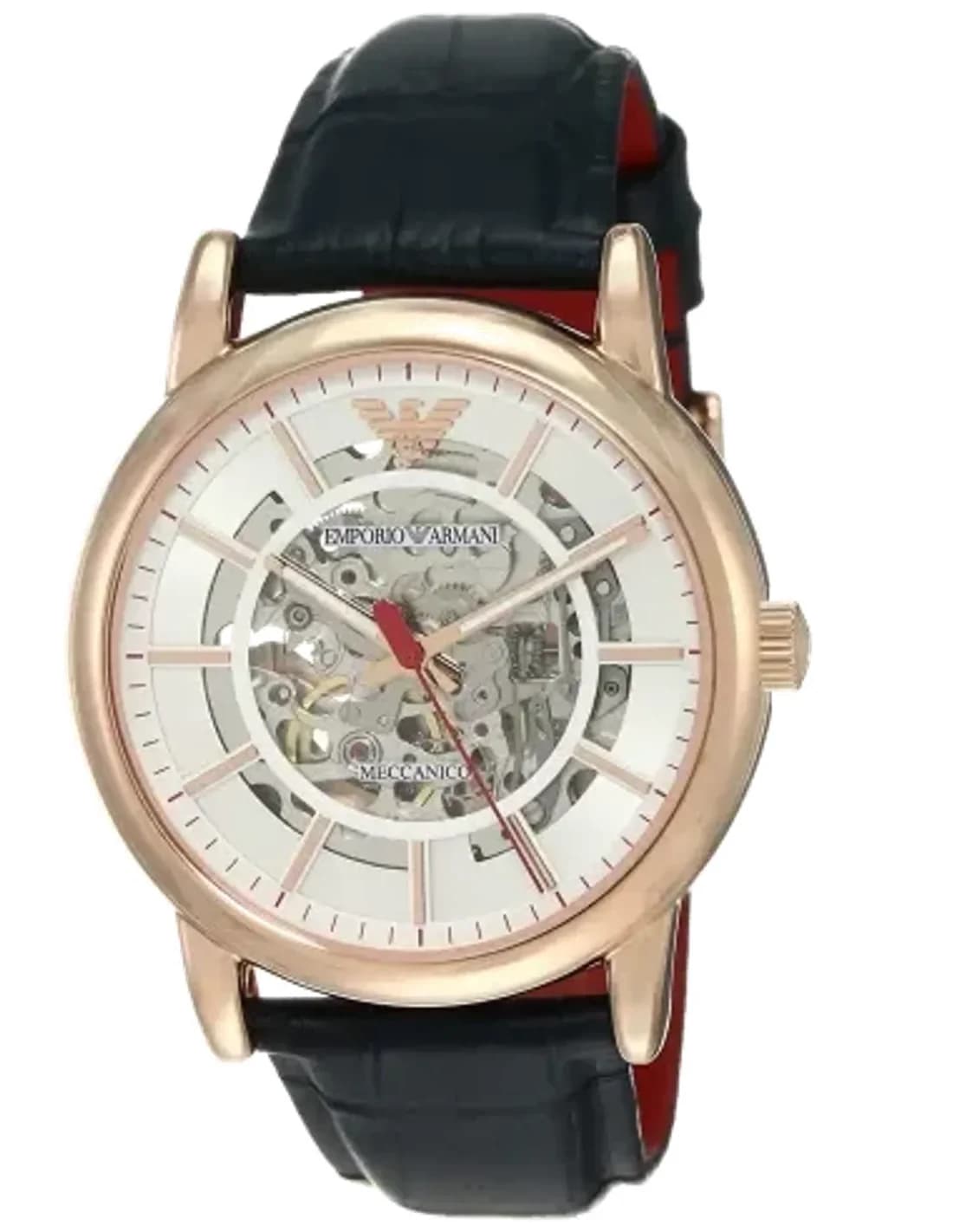 Montre Homme Emporio Armani AR60009 Automatique Squelette - Cadran Blanc, Bracelet Cuir Bleu, Boîtier Or