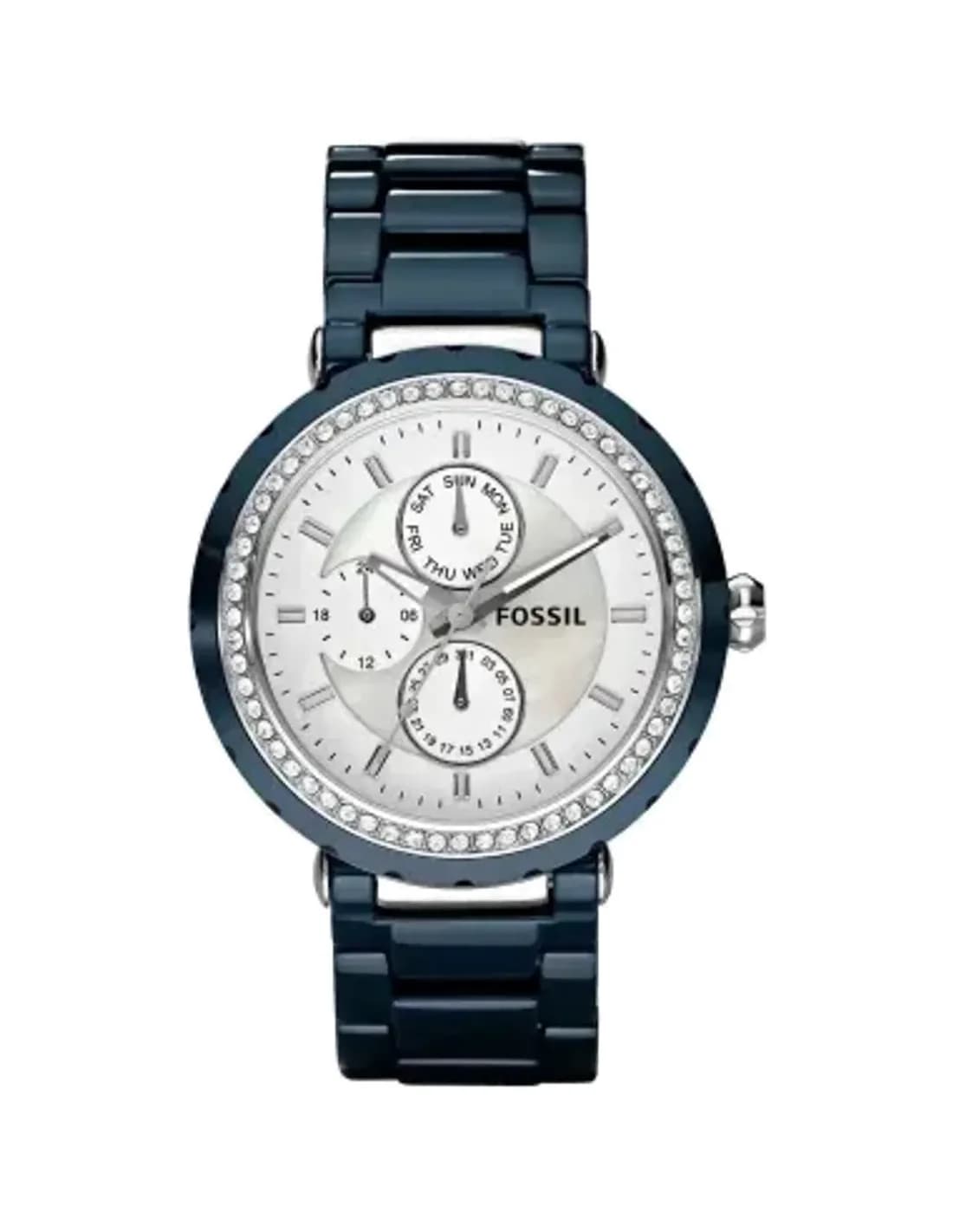 Montre Femme Fossil CE1047 - Cadran Blanc, Bracelet Céramique Bleue et Céramique