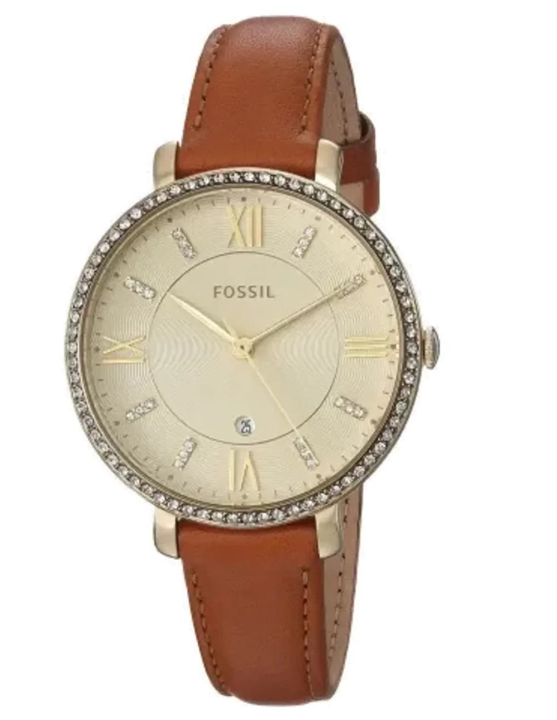 Montre Femme Fossil Jacqueline ES4293 - Boîtier Or Rose, Cadran Doré, Bracelet Cuir Bleu