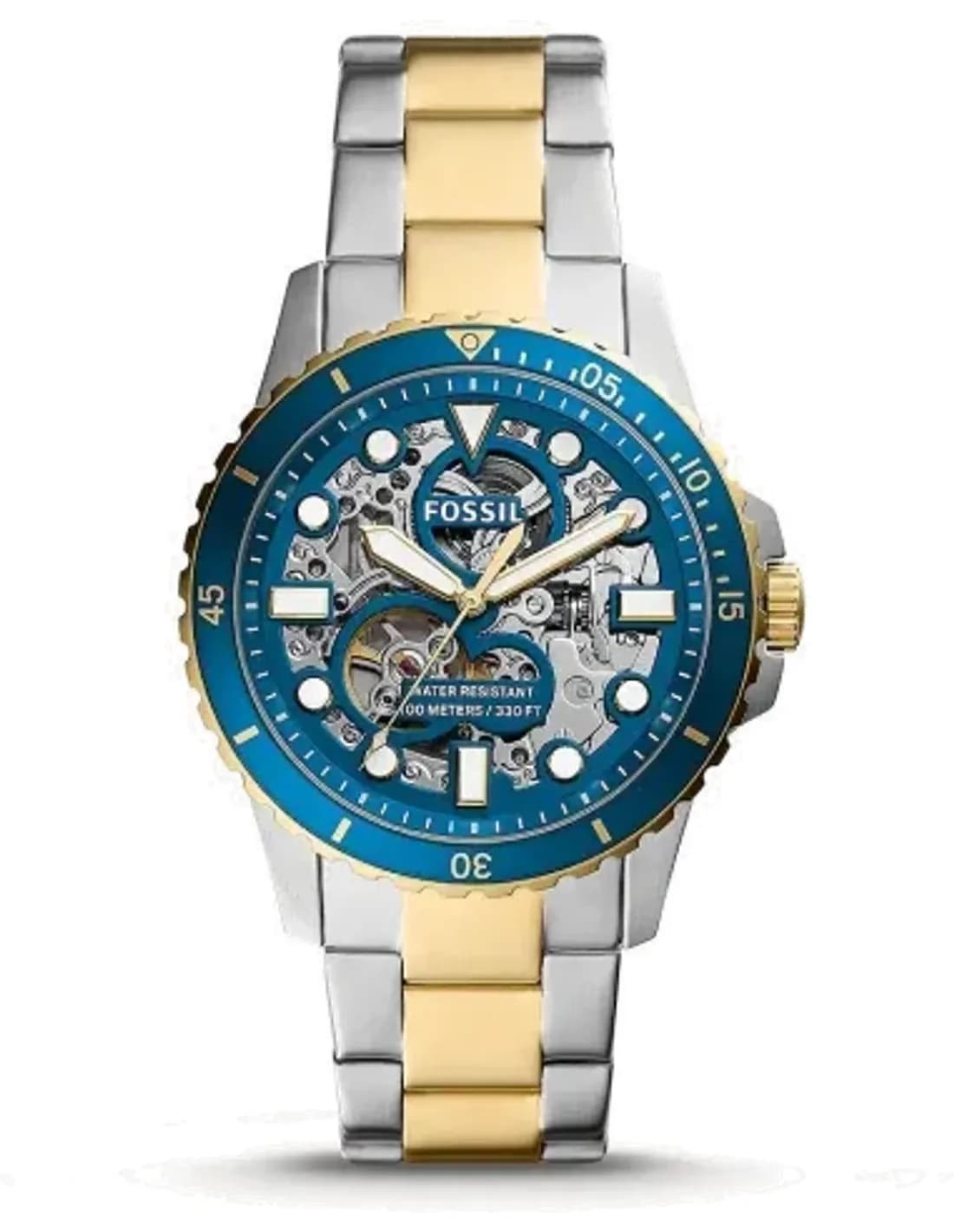 Montre Homme Fossil FB-01 Automatique ME3191 - Boîtier Acier Bicolore Argent/Or, Cadran Bleu Squelette