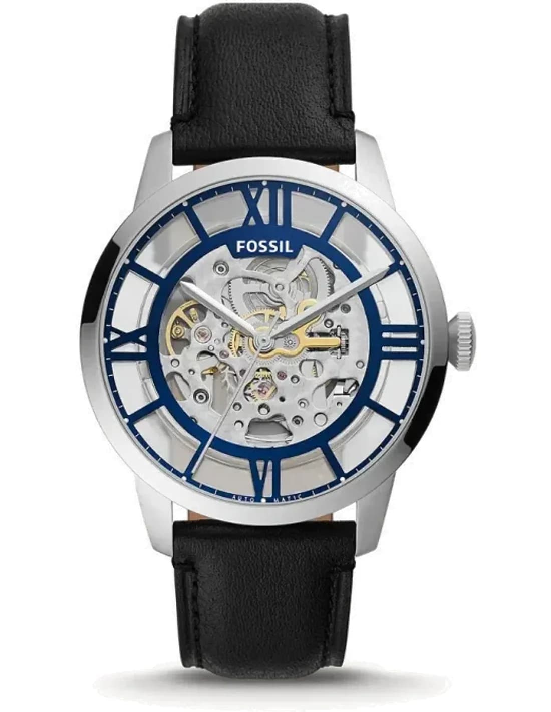 Montre Homme Fossil Townsman Automatique ME3200 Squelette Cadran Bleu Bracelet Cuir Noir