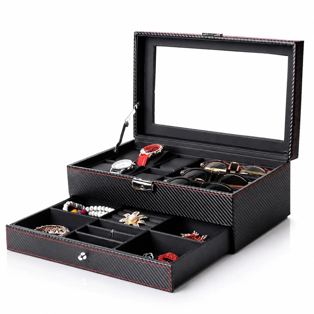 Coffret Monza 6 compartiments + double tiroir bijoux effet carbone composite