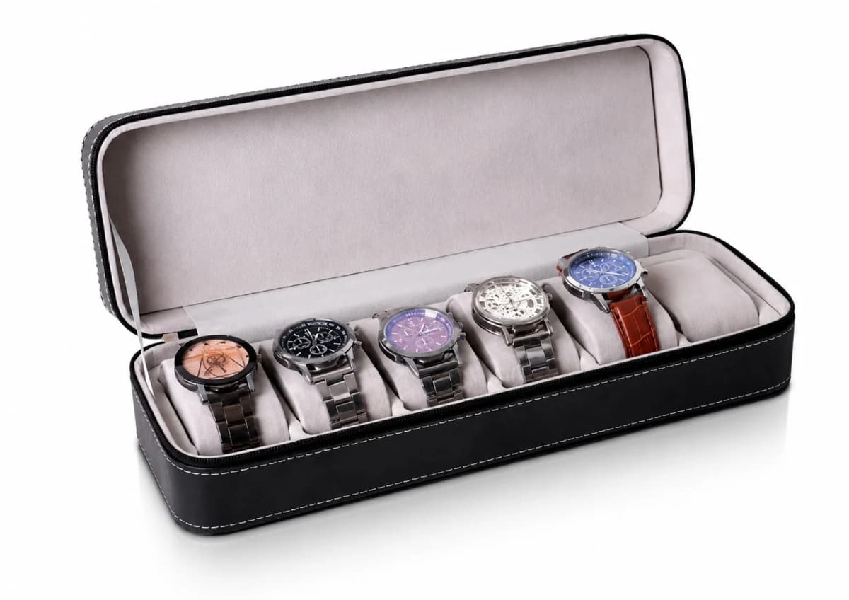 Housse Souple Voyager Noire 6 Compartiments Rangement Montres Simili-Cuir