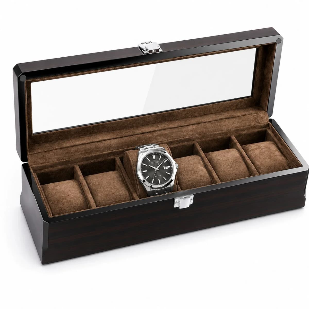 Boîte à montres Milan espresso 6 montres en bois massif biseauté