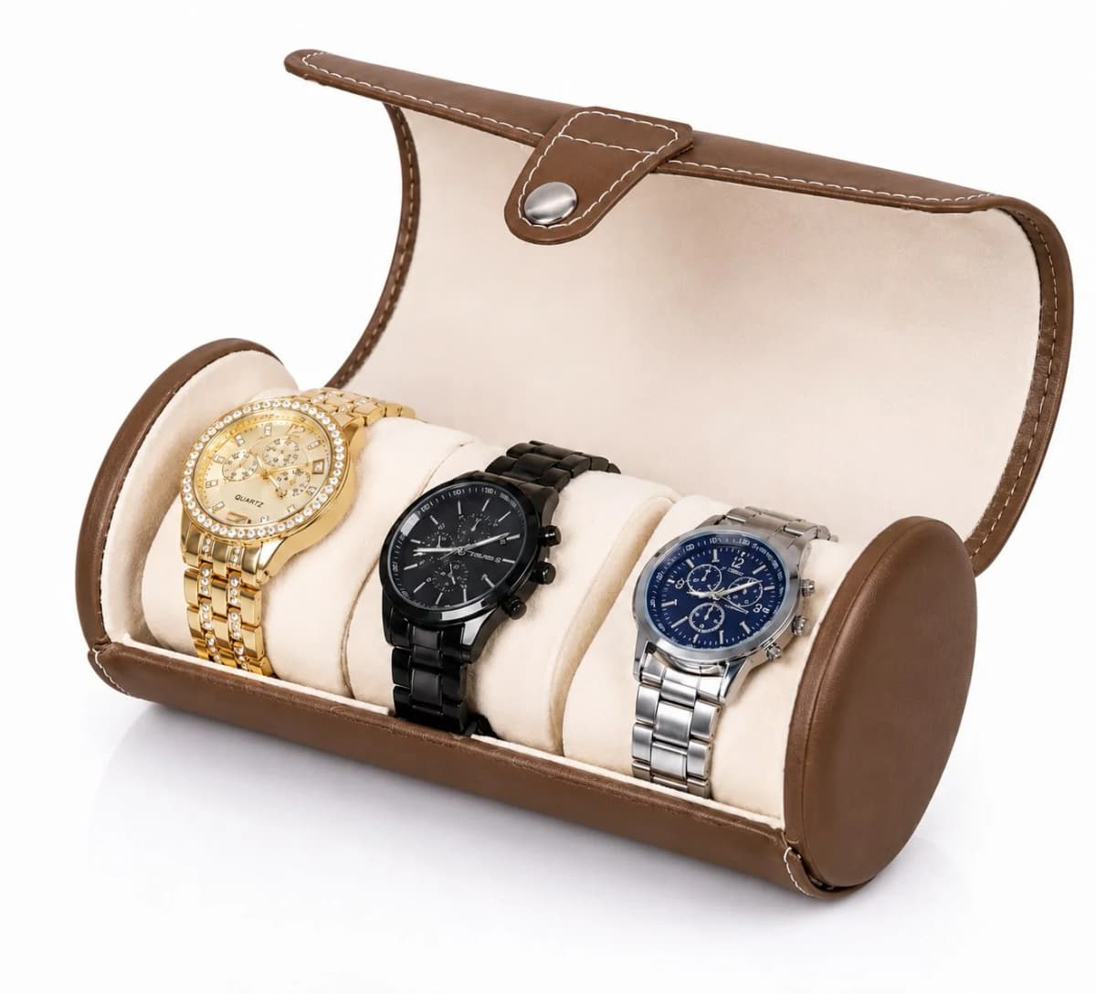 Étui Rouleau Cylindrique Voyager Marron Café 3 Montres Watch Roll