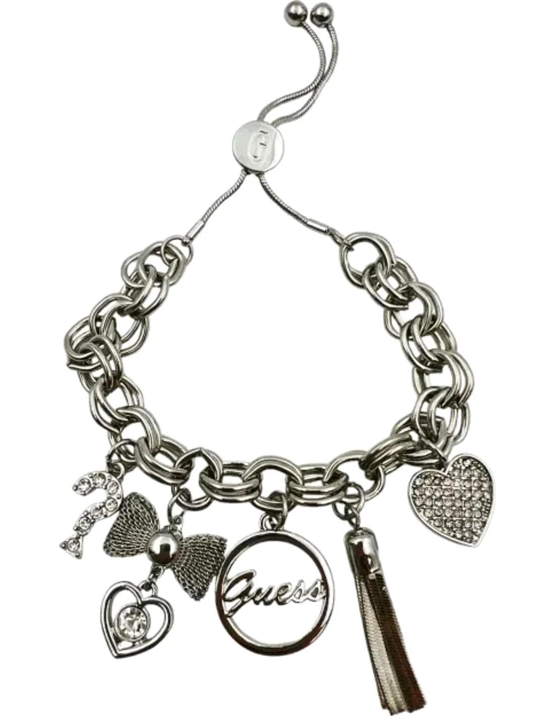 Bracelet Guess en métal doré à breloques serties de zircon, référence 109798, pour femme