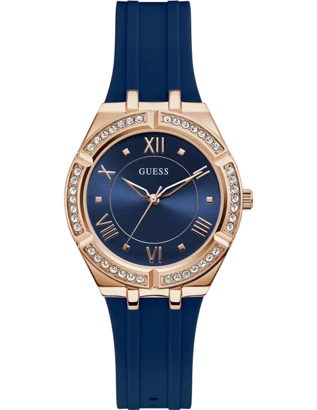 Montre Guess Cosmo GW0034L4 pour Femme - Cadran Bleu, Boîtier Or Rose, Bracelet Silicone