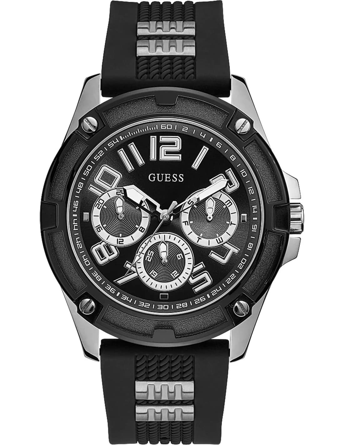Garde-temps Guess GW0051G1 pour homme, cadran noir, bracelet silicone noir, style sport