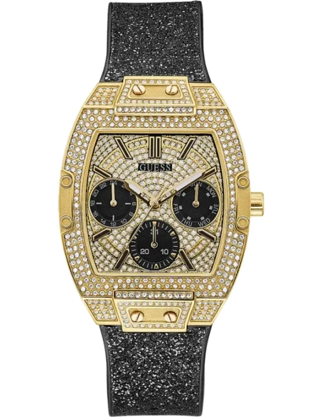 Montre Guess Raven GW0105L2 pour Femme - Boîtier doré strassé, bracelet silicone noir pailleté