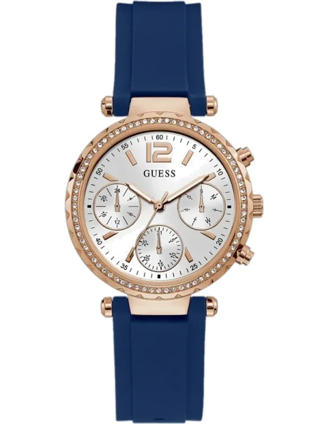 Montre Femme Guess Solstice GW0113L3 - Boîtier Or Rose, Cadran Argent, Bracelet Silicone Bleu