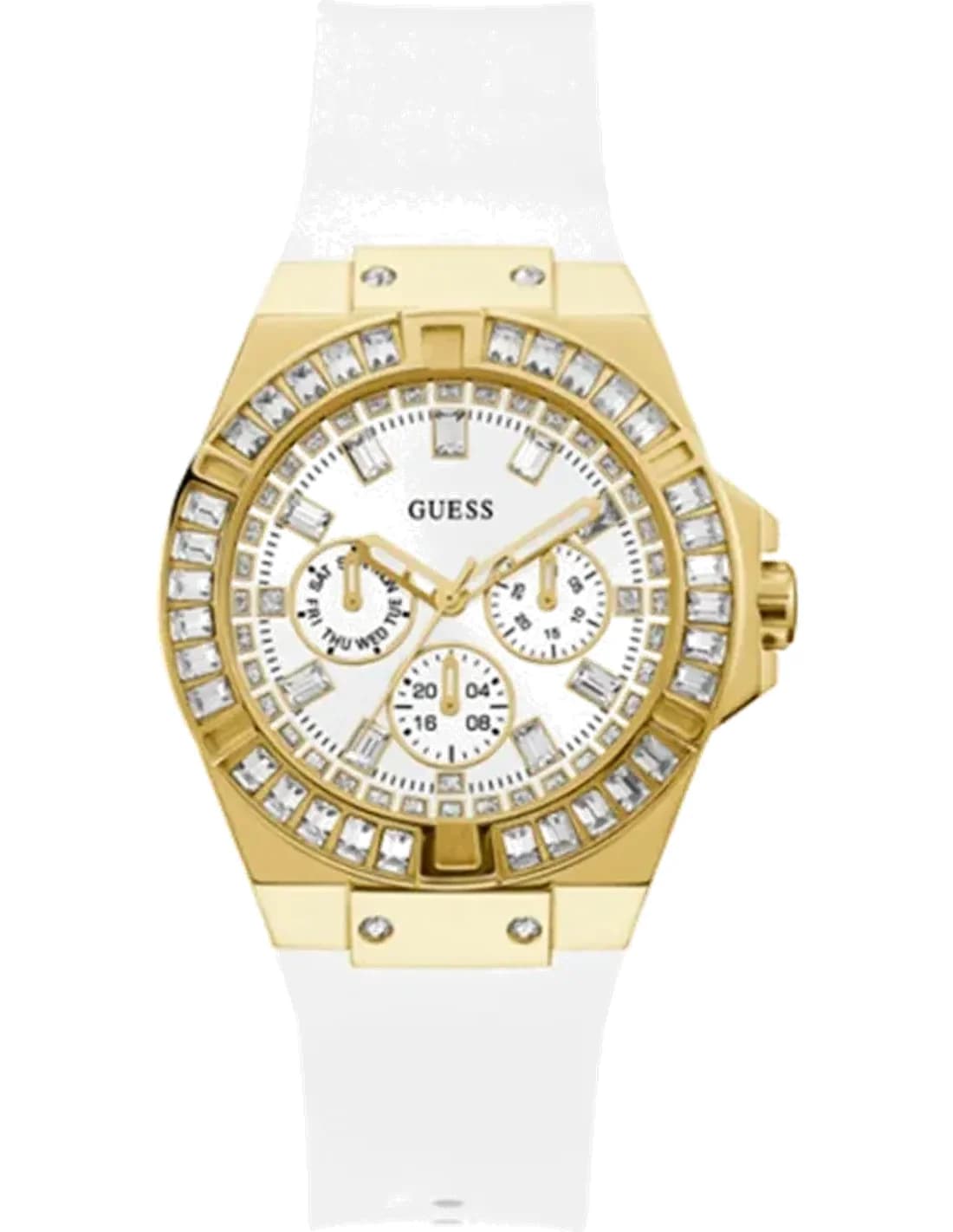 Montre Femme Guess GW0118L5 Venus - Boîtier Or, Cadran Blanc à Cristaux, Bracelet Silicone Blanc