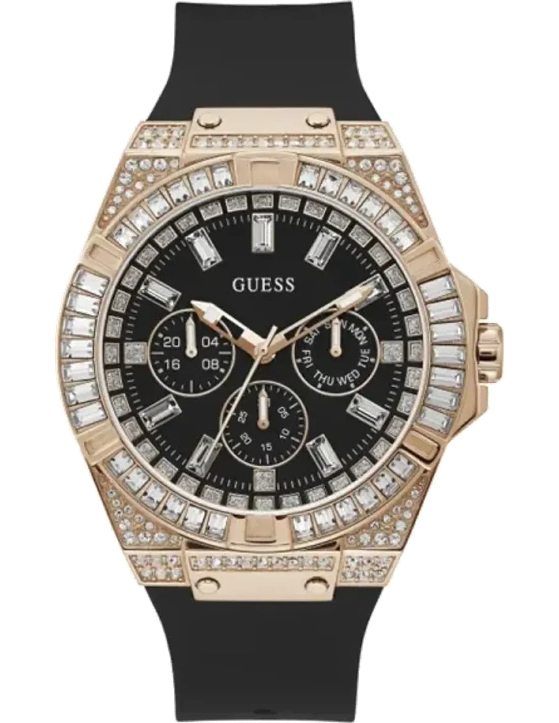 Montre Homme Guess GW0208G4 - Boîtier Or Rose 47mm, Cadran Noir, Bracelet Silicone Noir