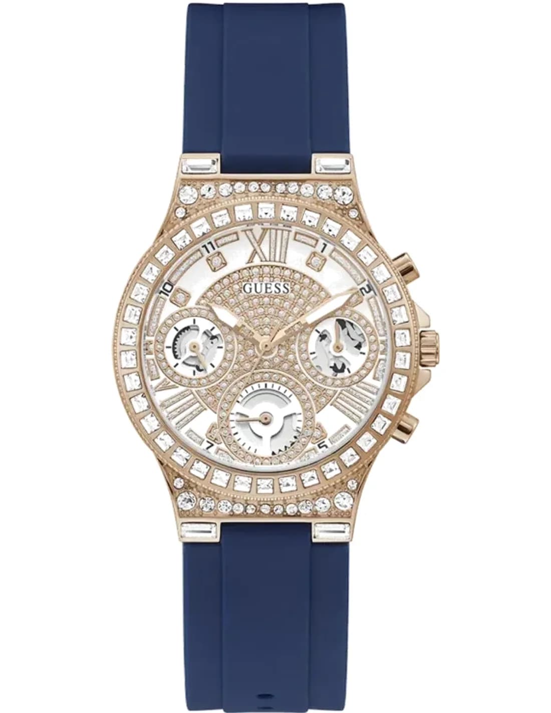 Montre Femme Guess GW0257L3 Moonlight - Cadran Blanc, Boîtier Or Rose, Bracelet Silicone Bleu
