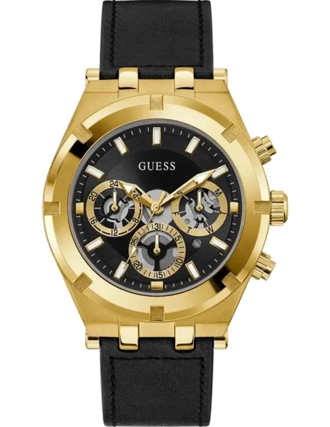 Montre Homme Guess GW0262G2 Cadran Multifonctions Noir Boîtier Or Bracelet Cuir