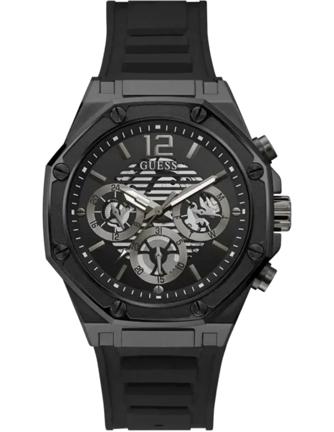 Montre Homme Guess Multifonction GW0263G4 - Boîtier Octogonal 44mm Noir, Bracelet Silicone