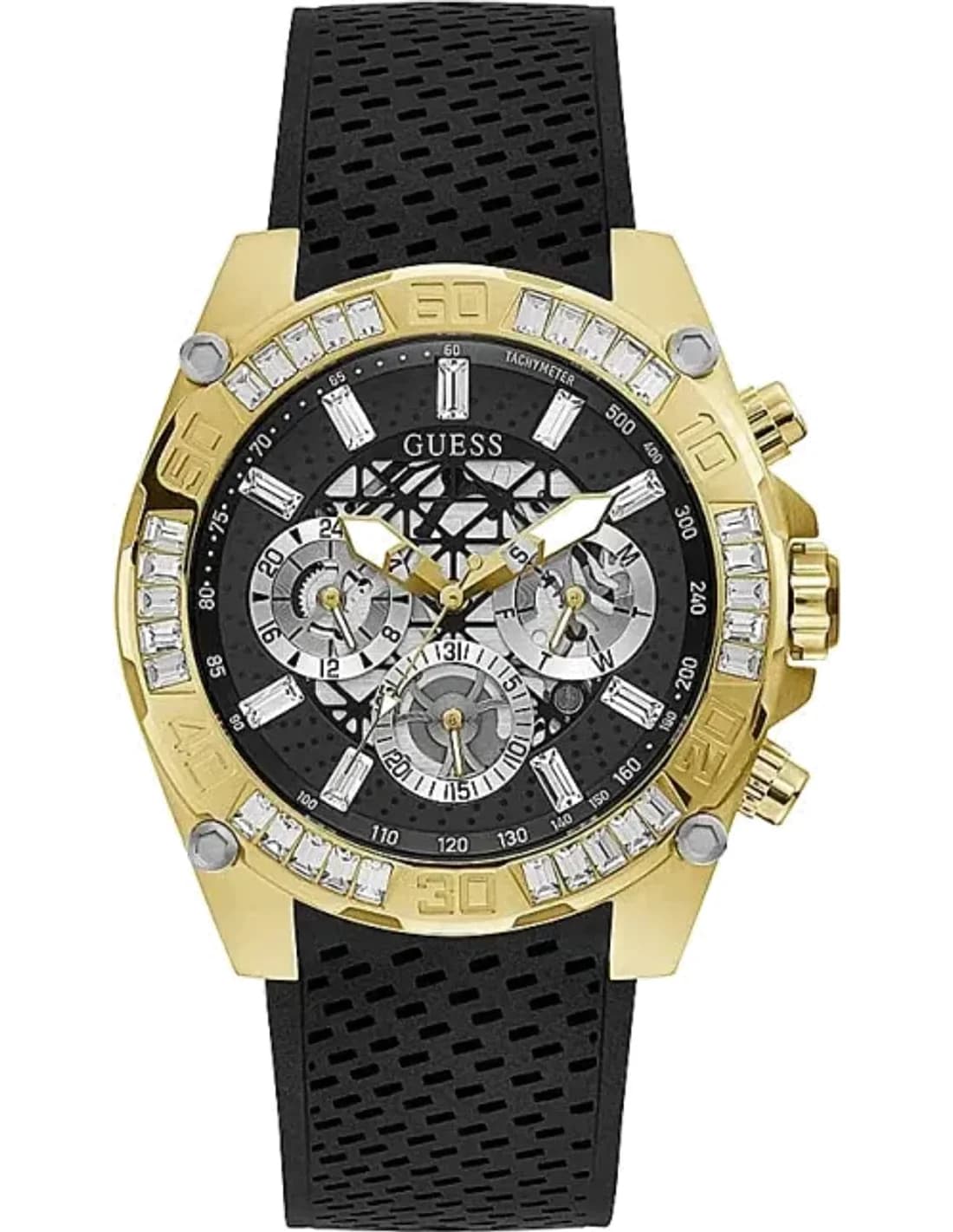 Montre Homme Guess GW0333G2 Boîtier Or, Cadran Squelette Noir, Bracelet Silicone