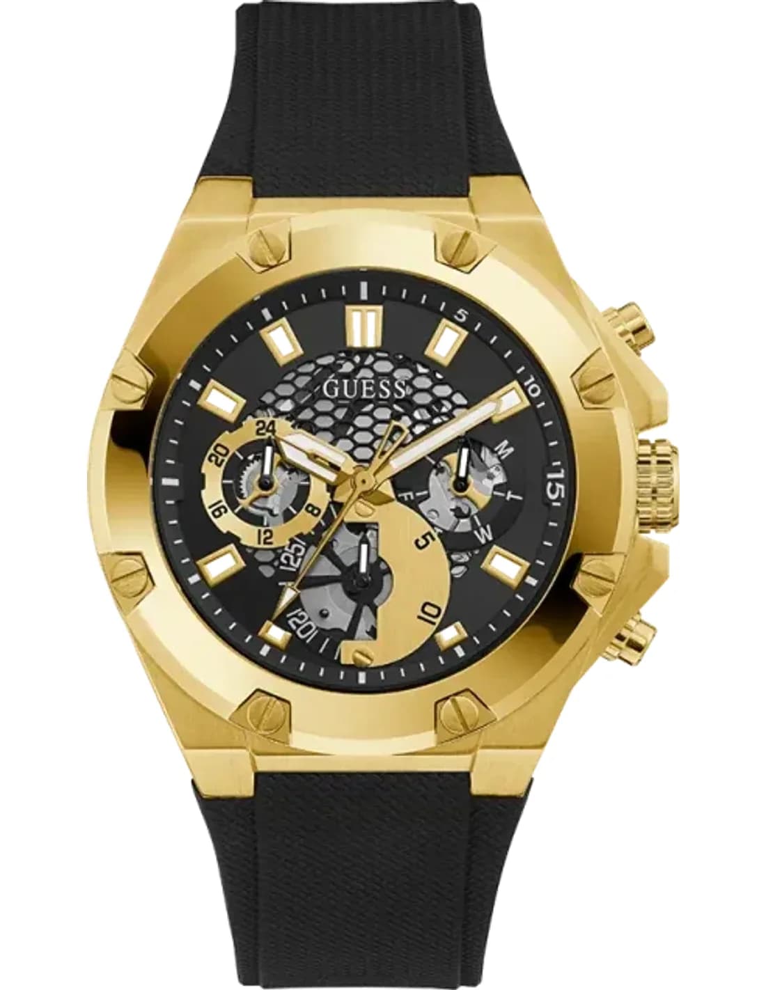 Montre Guess Third Gear pour Homme GW0334G2 - Boîtier Silicone Doré, Bracelet Silicone Noir