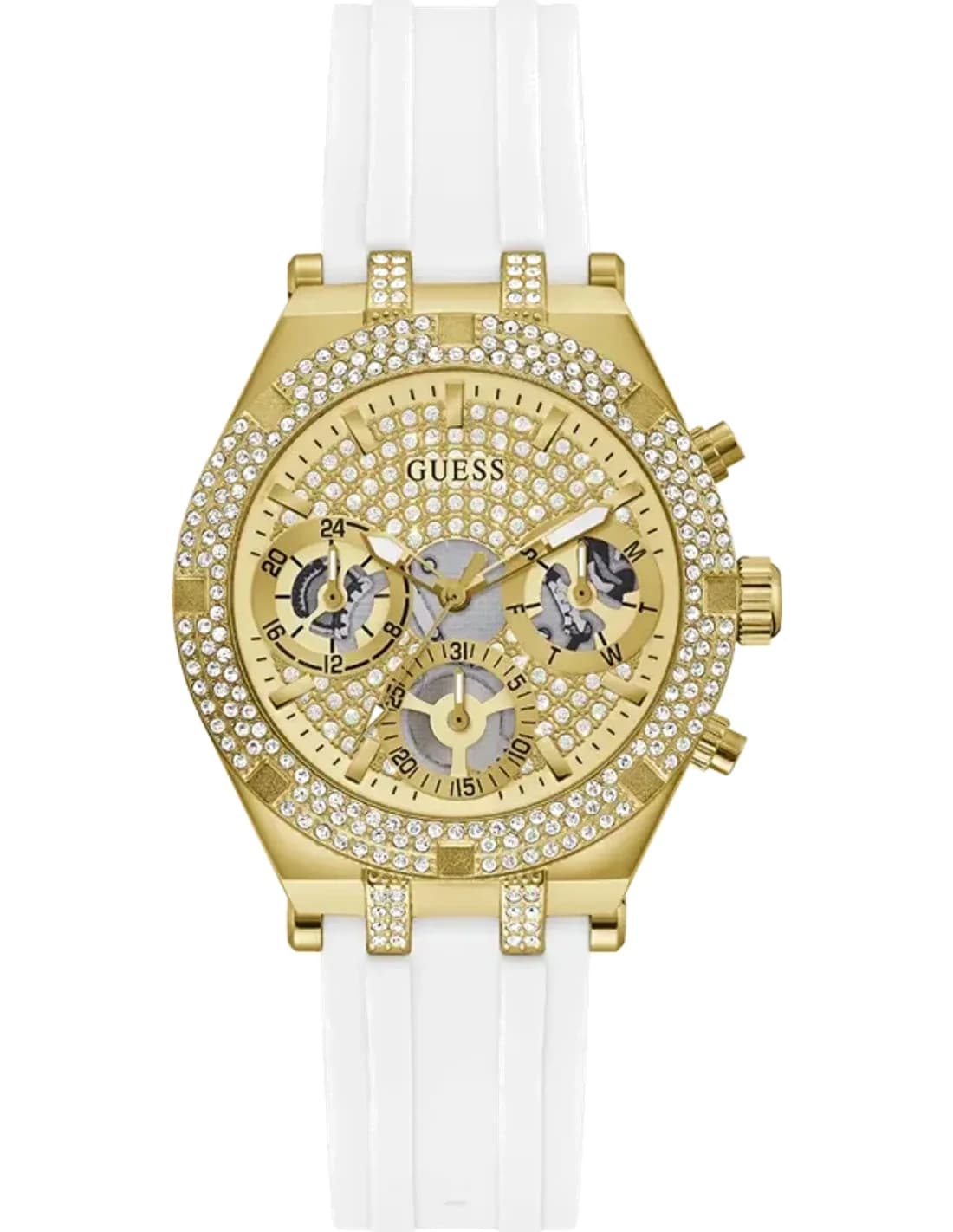 Montre Guess Heiress GW0407L2 pour Femme - Cadran doré, bracelet silicone blanc, boîtier strass