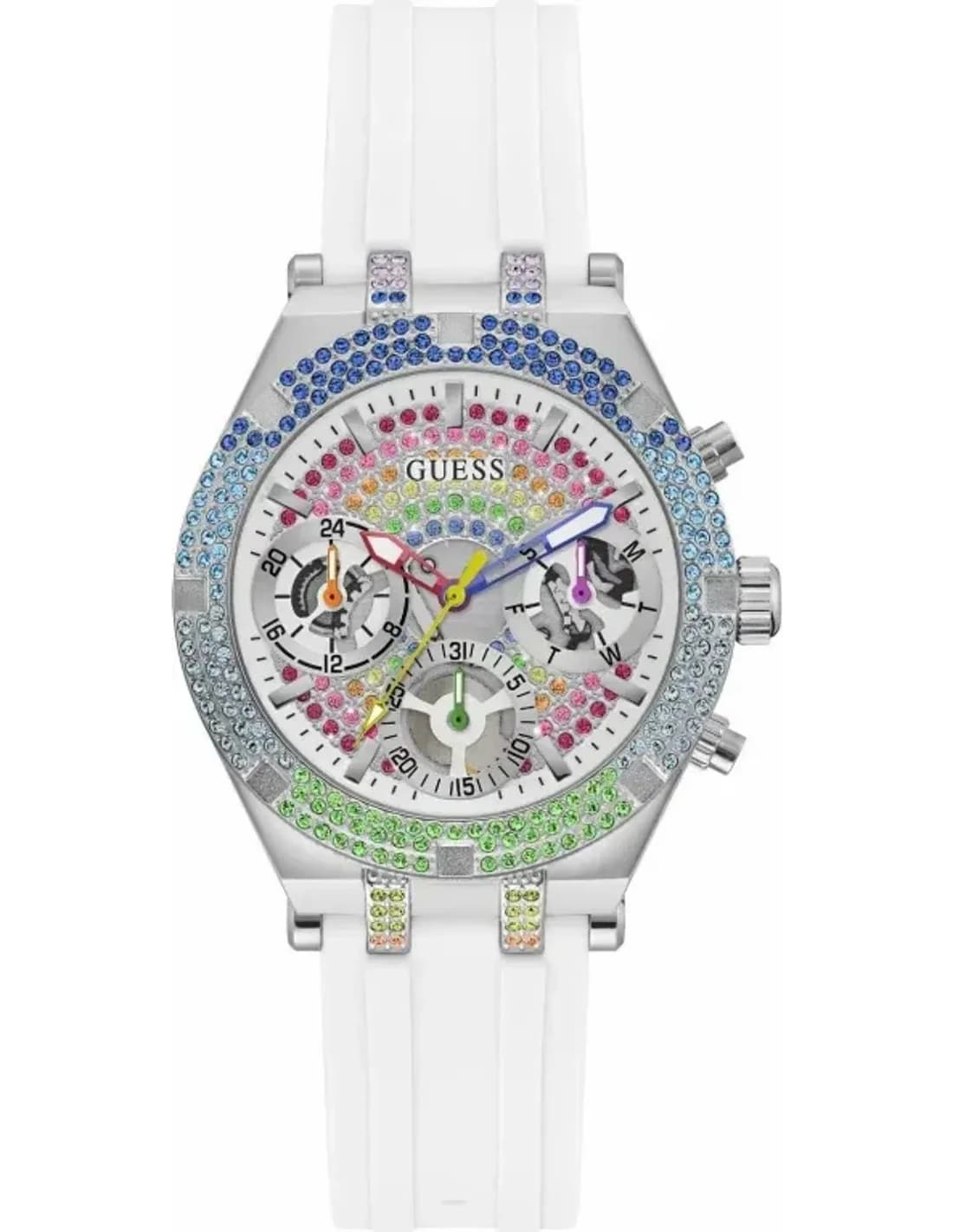 Montre Guess Heiress GW0407L4 pour Femme - Boîtier Silicone et cristaux, bracelet silicone blanc