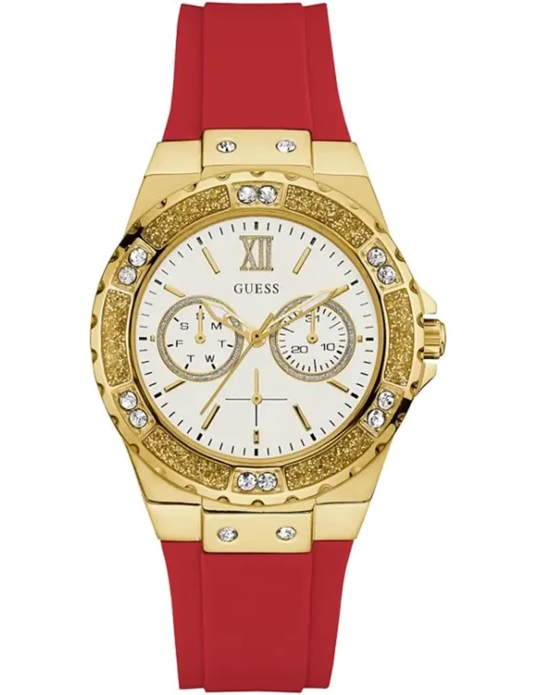 Montre Femme Guess GW0431L1 Glitz - Cadran Blanc, Boîtier Or, Bracelet Silicone Rouge