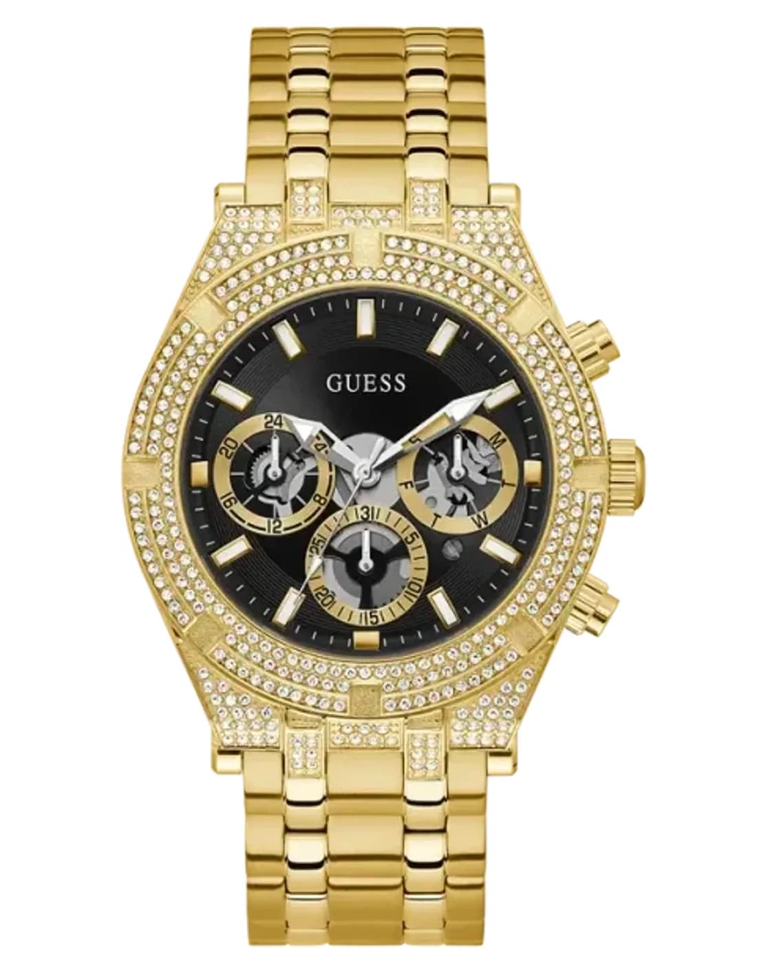 Montre Guess Homme GW0455G2 - Boîtier Doré Serti de Strass, Cadran Noir, Bracelet Acier