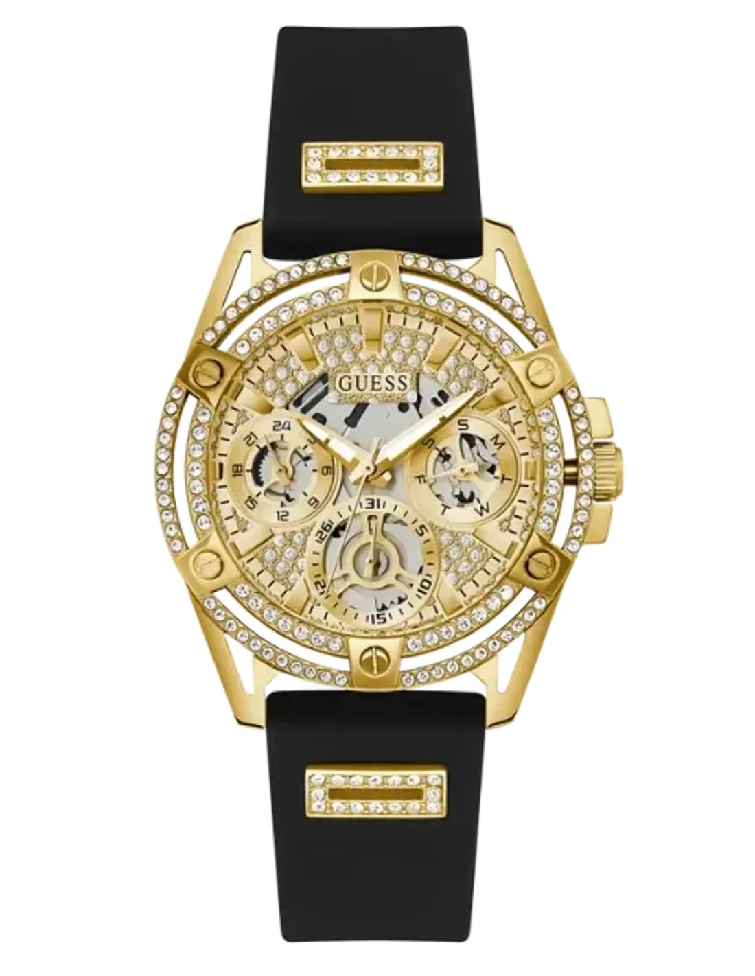 Montre Femme Guess Queen GW0536L3 - Boîtier doré orné de strass, bracelet silicone noir