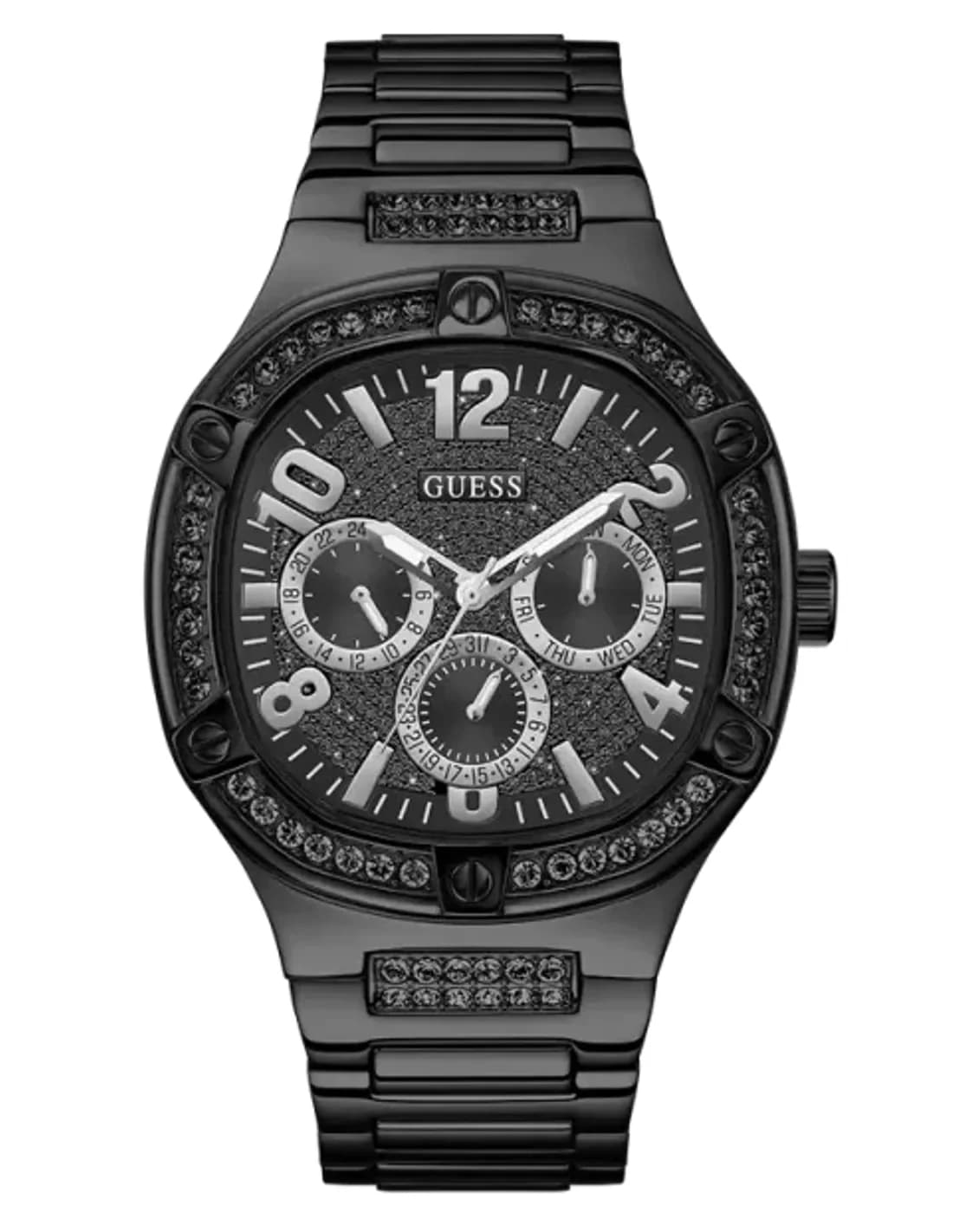Montre Homme Guess Duke GW0576G3, boîtier et bracelet acier noir, cadran coussin multifonction