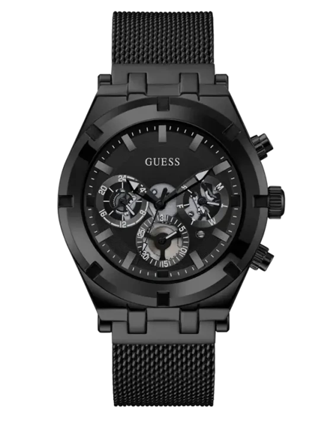 Montre Homme Guess Continental GW0582G3, cadran multifonction noir, bracelet maille milanaise acier noir