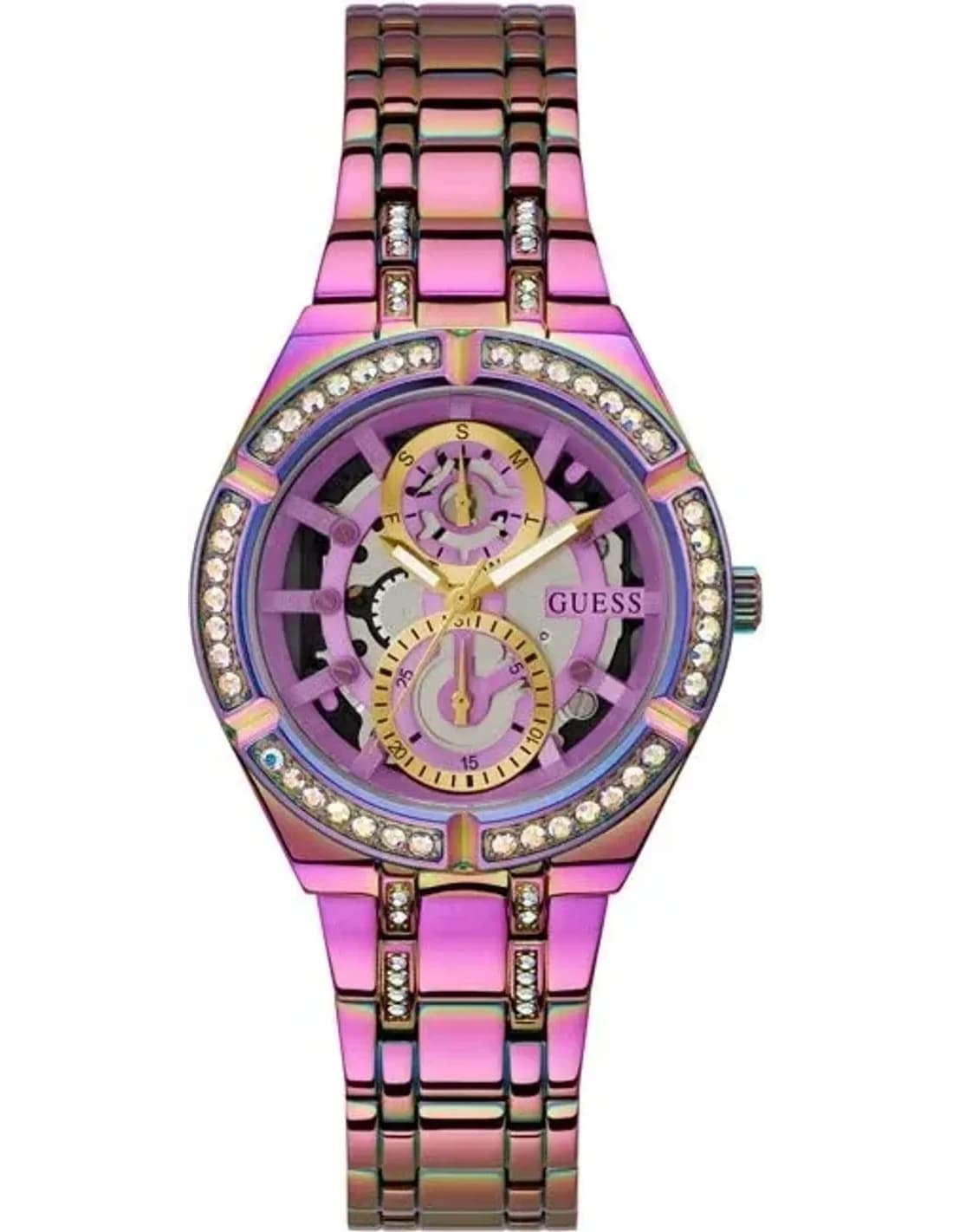 Montre Femme Guess Allara GW0604L4 - Bracelet Acier Arc-en-Ciel & Cadran Squelette à Cristaux