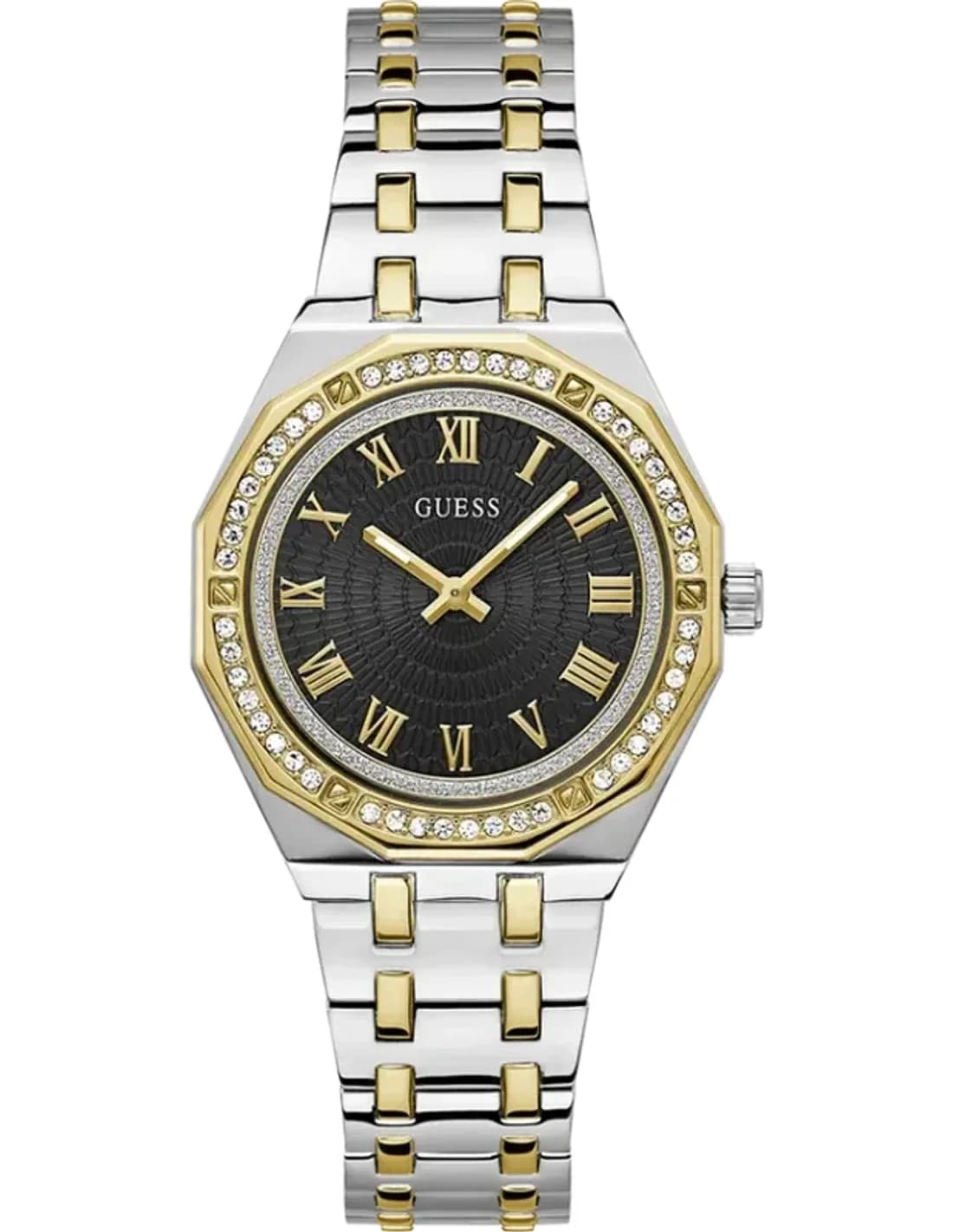 Montre Femme Guess GW0770L4 en Acier Bicolore Argent/Or, Cadran Noir Guilloché