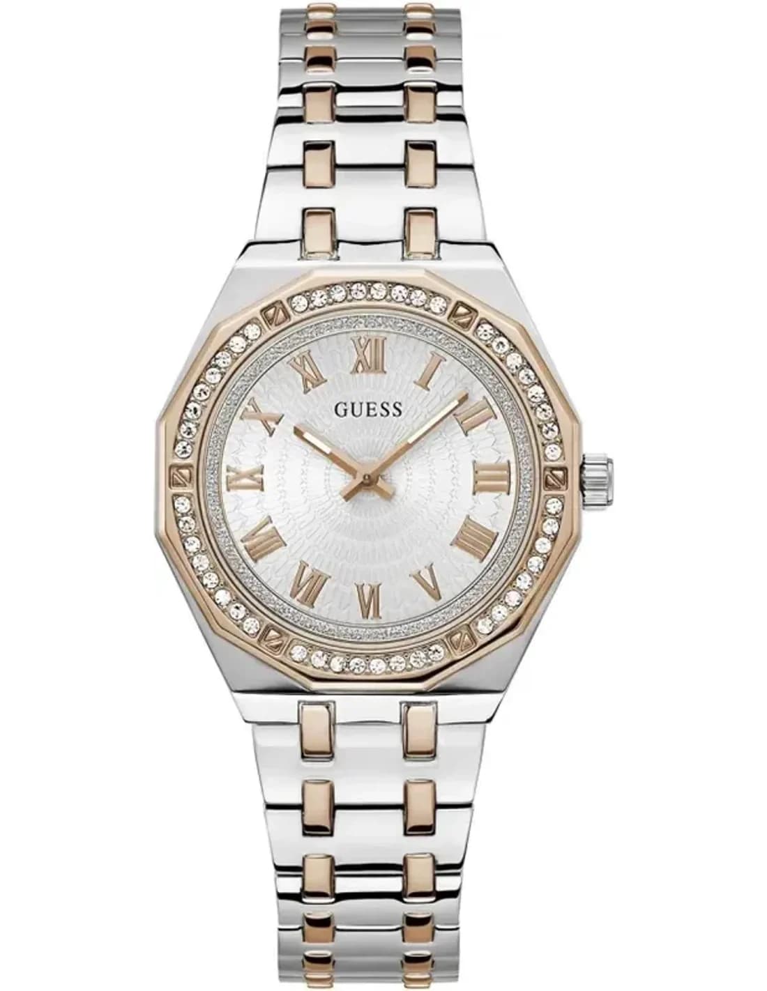 Montre Femme Guess GW0770L5 en Acier Bicolore Argent et Or Rose, Cadran Blanc Guilloché