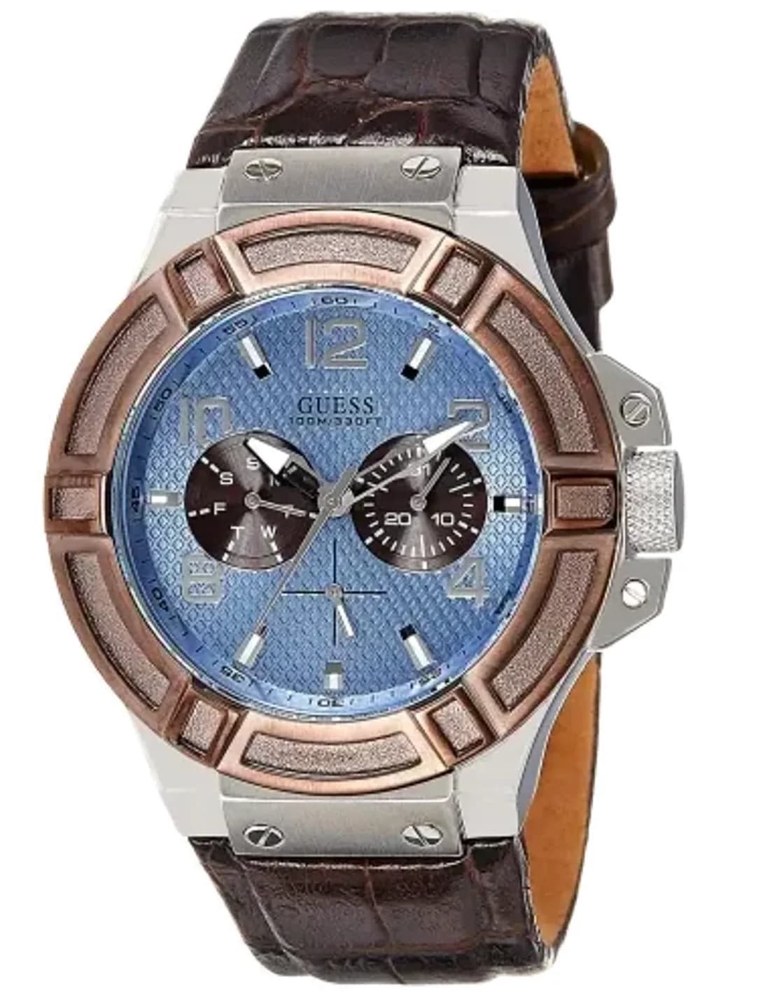 Montre Homme Guess W0040G10 - Cadran Bleu, Bracelet Cuir Marron