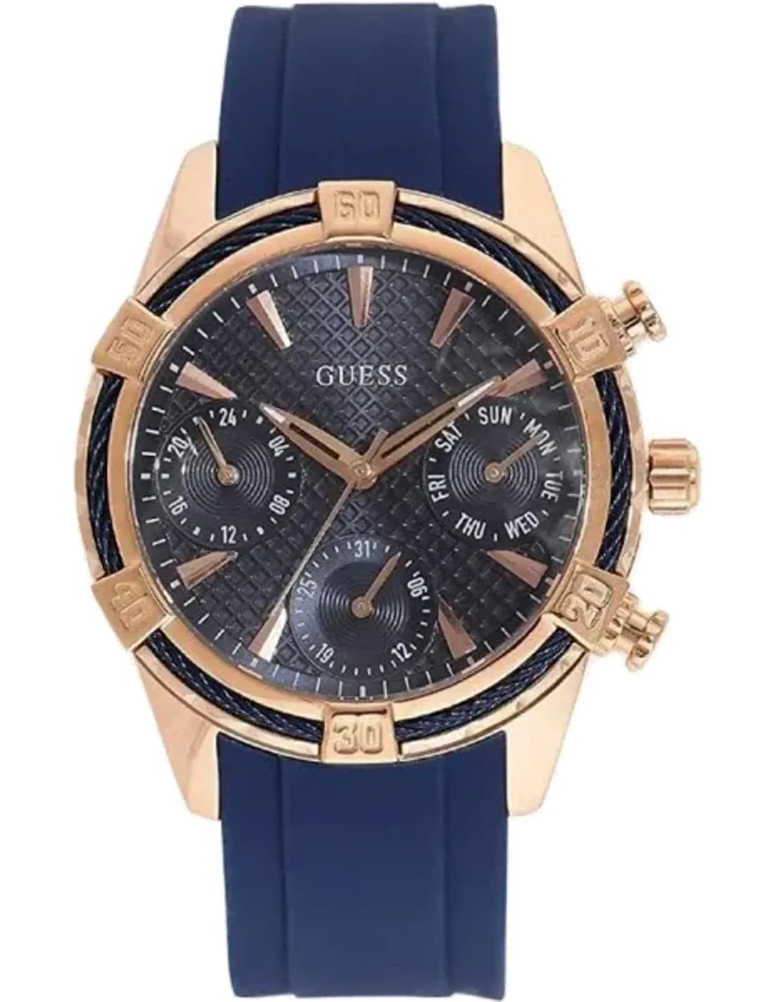 Montre Femme Guess Catalina W0562L3 - Cadran Bleu, Boîtier Or Rose, Bracelet Silicone Bleu