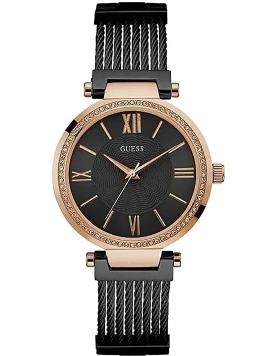 Montre Guess Femme W0638L5 - Boîtier Or Rose, Cadran Noir, Bracelet maille milanaise - Quartz