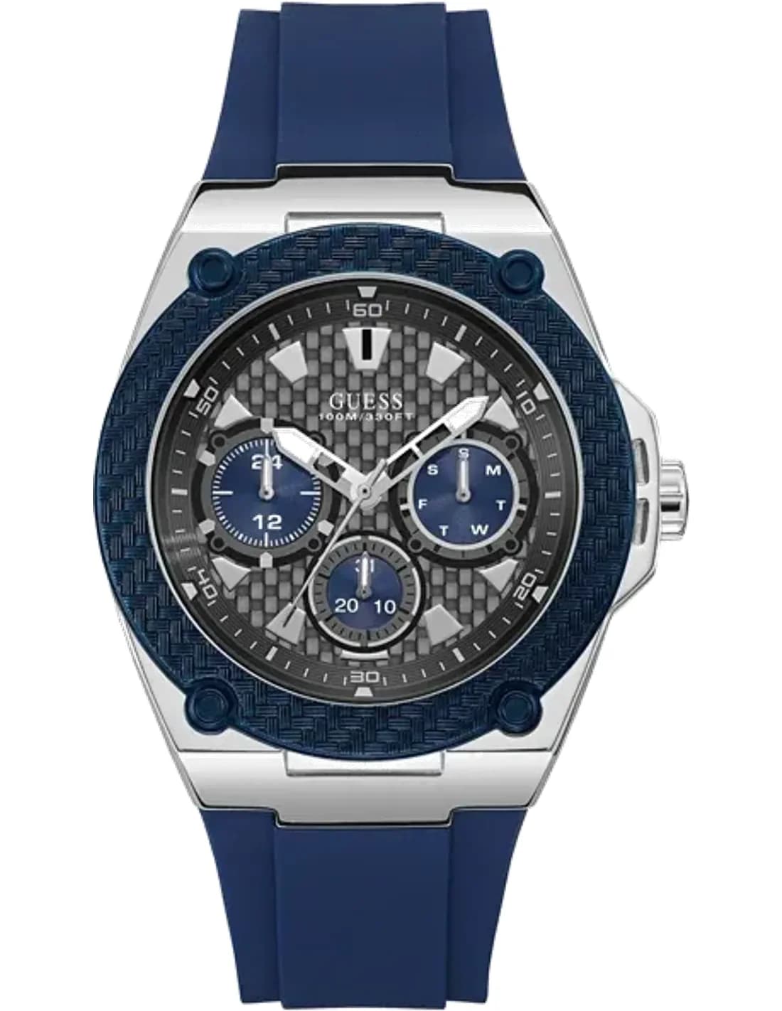 Montre Homme Guess Legacy W1049G1, Cadran Tonneau Gris Multifonction, Bracelet Silicone Bleu
