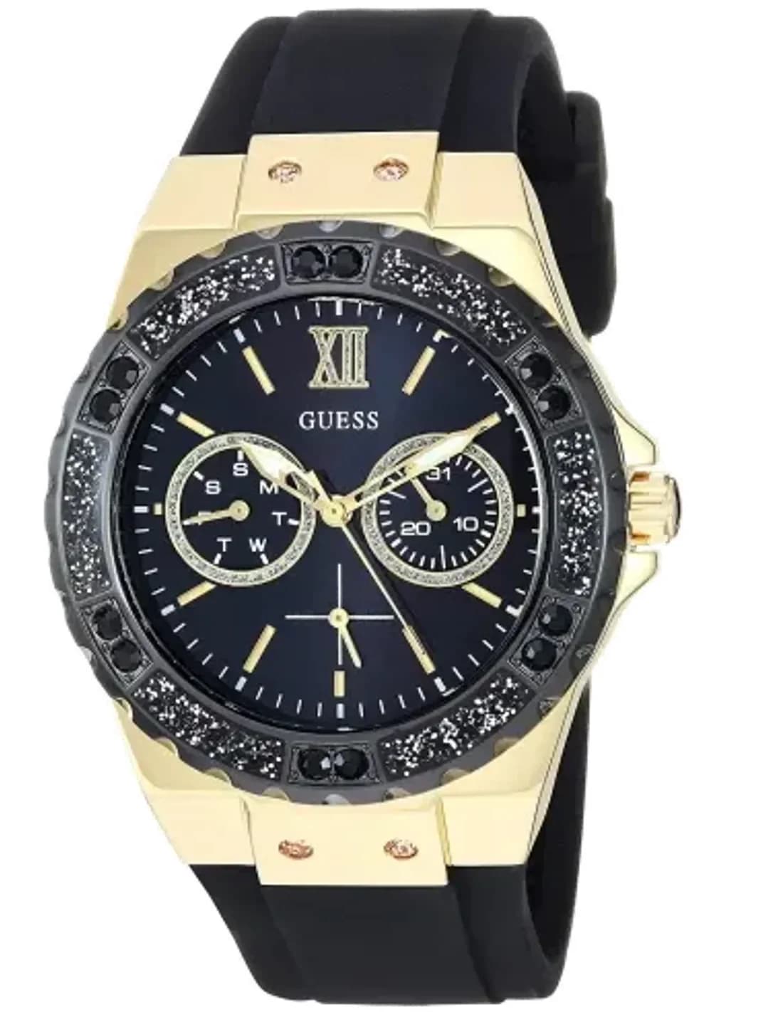 Montre Femme Guess Limelight W1053L7 - Boîtier Silicone Doré, Cadran Noir et Cristaux