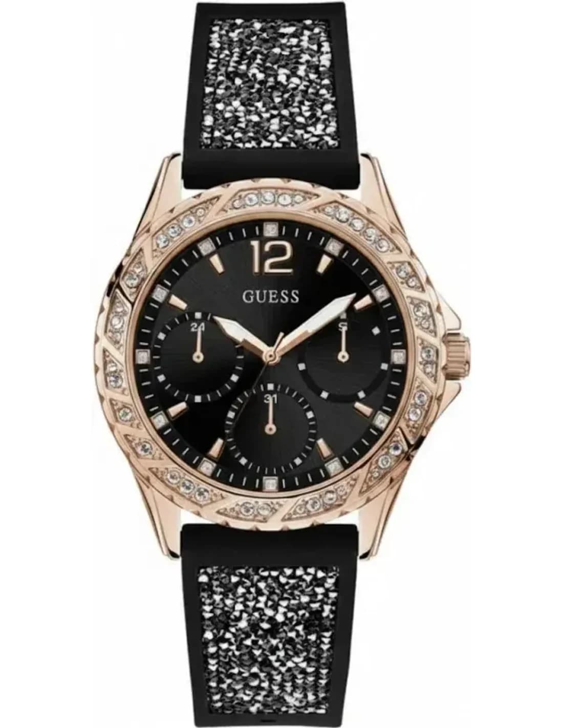 Montre Femme Guess Swirl W1096L5 - Boîtier Or Rose, Cadran Noir, Bracelet Silicone Noir avec Cristaux