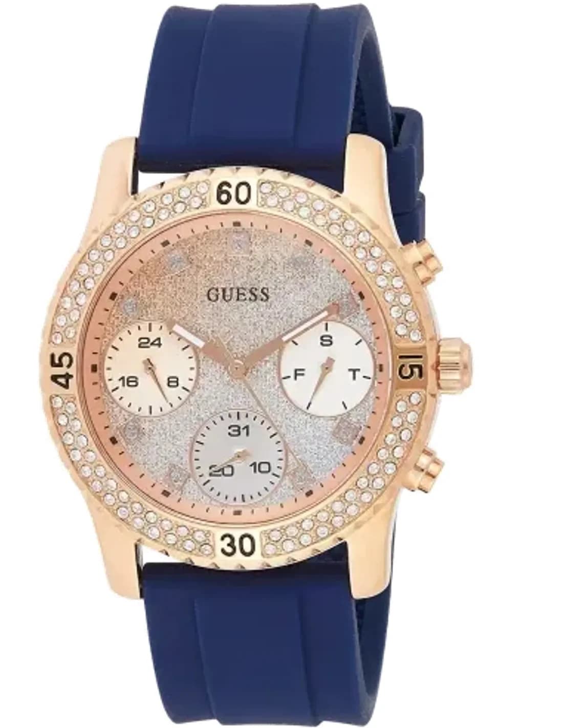 Montre Femme Guess W1098L6 Confetti - Cadran Bleu, Boîtier Silicone Or Rose, Bracelet Silicone