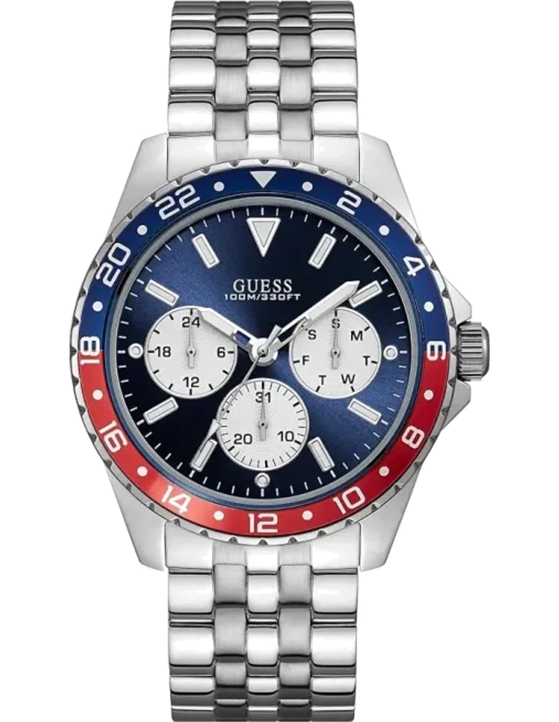 Montre Guess Odyssey W1107G2 pour Homme - Cadran bleu multifonction, bracelet acier argent