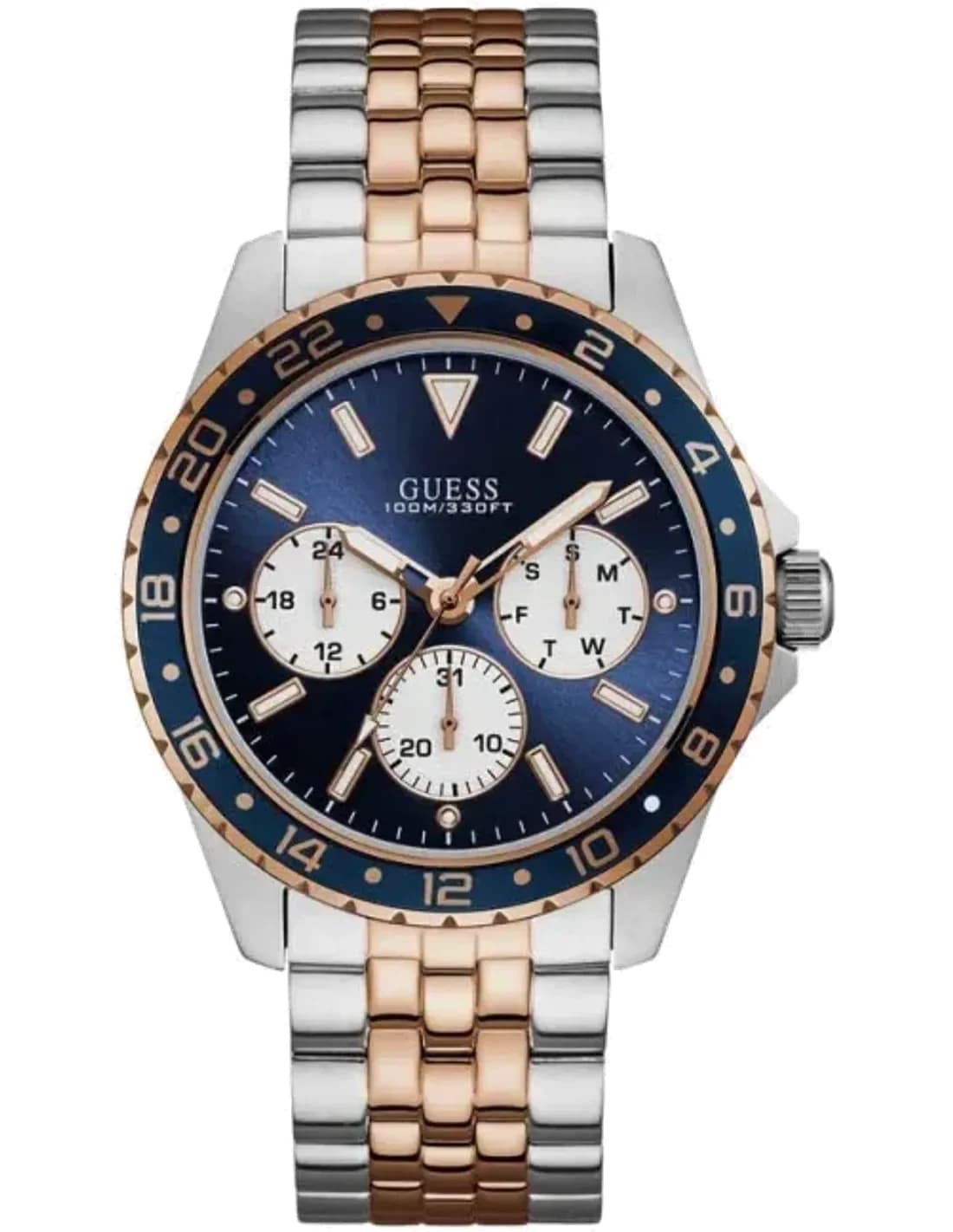 Montre Guess Odyssey W1107G3 pour Homme - Cadran bleu, bracelet acier bicolore or rose et argent